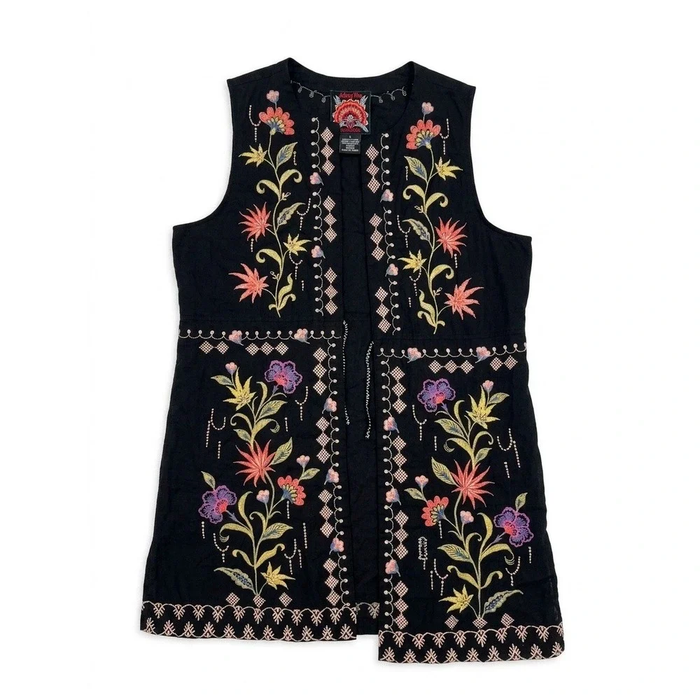 Johnny Was Vest Women Black SzM Linen Embroidered Floral Beaded Strings Workshop